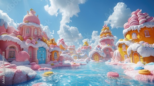 A clear river in the middle of a colorful candy city. World of sweet desserts.