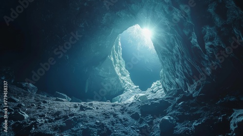 A mysterious cave entrance leading into the depths of the earth  AI generated illustration photo