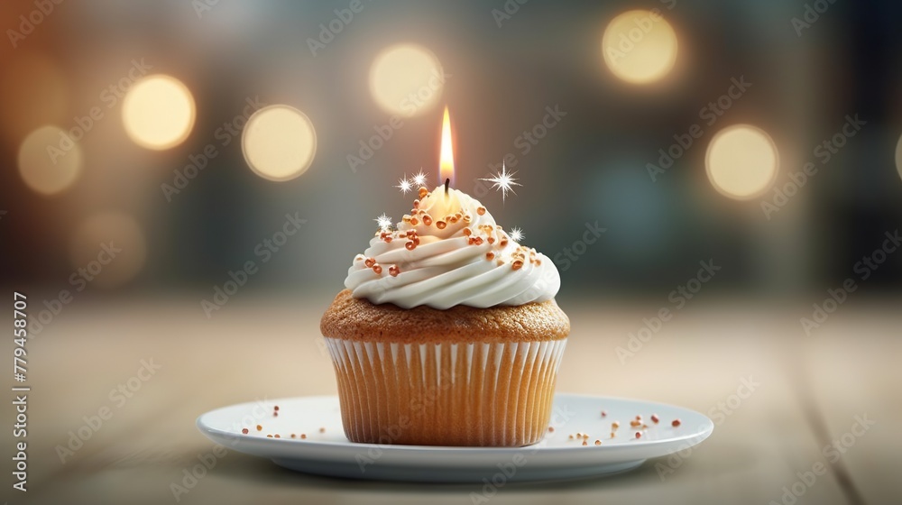 Birthday cupcake with candle on wooden table and bokeh background Birthday cupcake with candle on wooden table and bokeh background