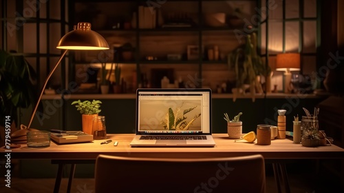Working place with laptop and computer on a wooden table photo
