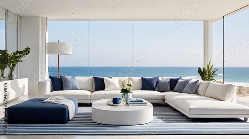 Minimalist Living Room Blue and White Color and Beach View Coffee Table and Television with Backdrop of Natural Light