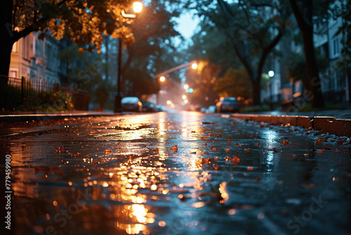 Close-up shot of wet asphalt in the evening. Generative ai