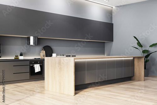 Fototapeta Naklejka Na Ścianę i Meble -  A modern kitchen interior with wood and gray cabinets, clean lines, on a light wood floor, concept of home design. 3D Rendering
