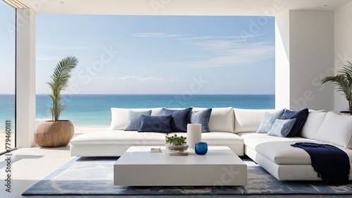 Minimalist Living Room Blue and White Color and Beach View Coffee Table and Television with Backdrop of Natural Light © Arch Design