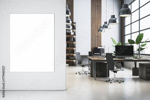 Modern light office with blank mock up banner on wall, shelves or library interior with workplace, window and city view. 3D Rendering. © Who is Danny