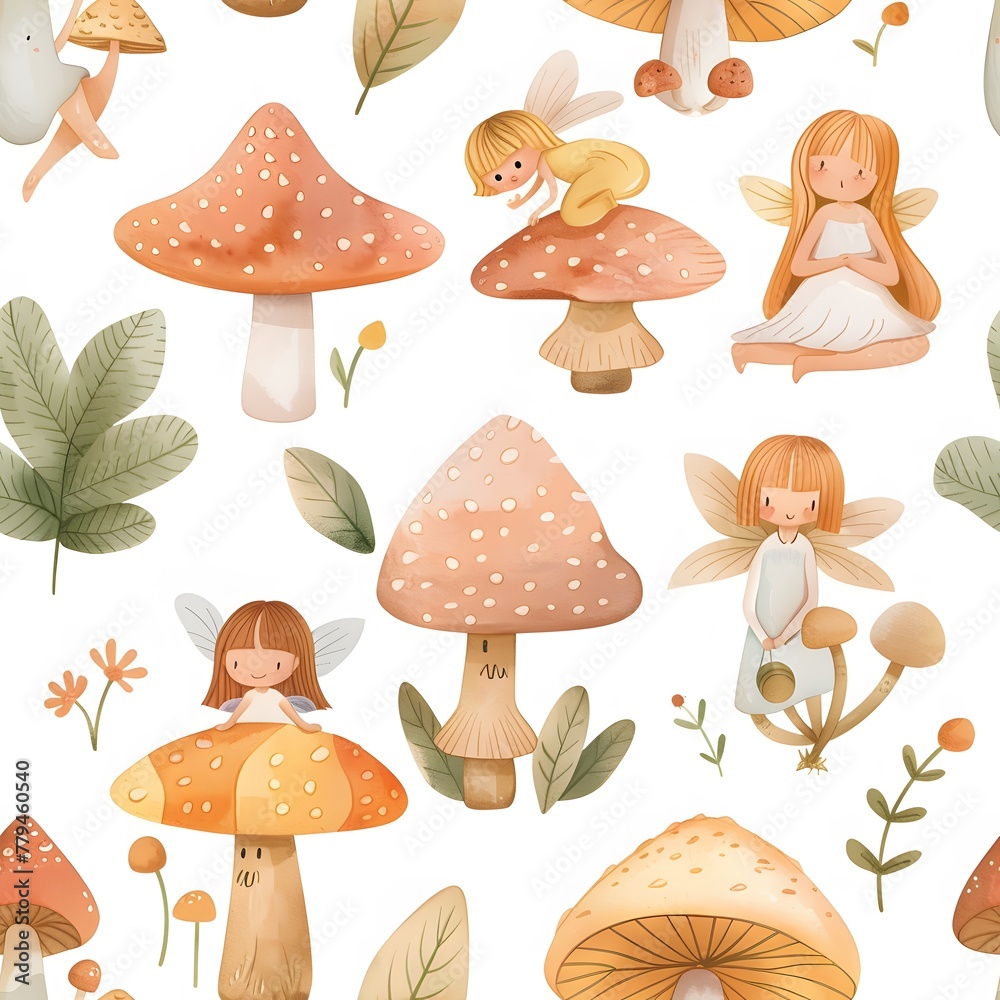 Cute little fairies and mushrooms seamless pattern Cute little fairies and mushrooms seamless pattern