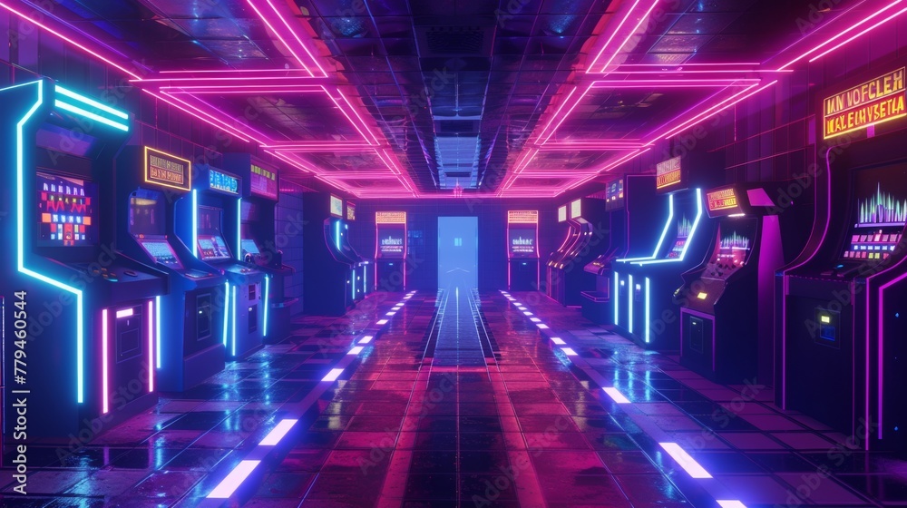 A retro-inspired D arcade game level filled with neon lights and pixelated characters AI generated illustration A retro-inspired D arcade game level filled with neon lights and pixelated characters AI generated illustration