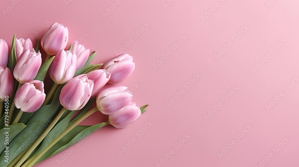 Bouquet of pink tulips on pink background with copy space