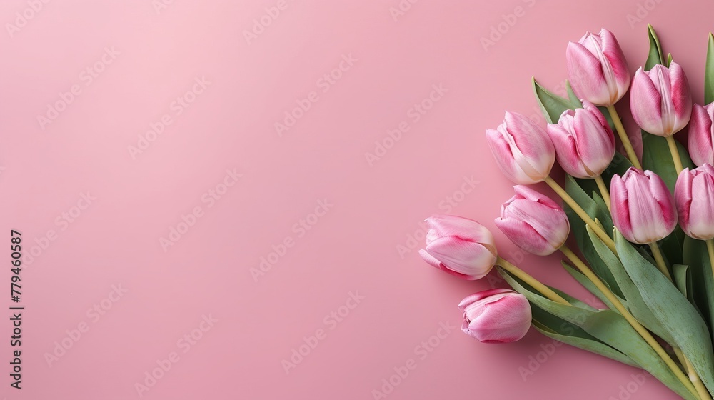 Bouquet of pink tulips on pink background with copy space