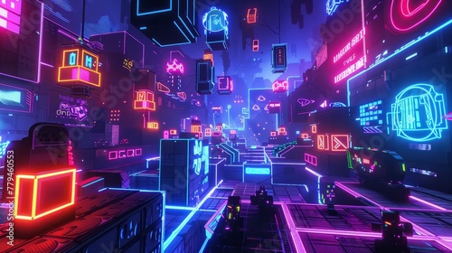 A retro-inspired D arcade game level filled with neon lights and pixelated characters  AI generated illustration
