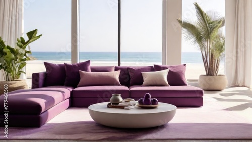 Minimalist Living Room Purple and White Color and Beach View Coffee Table and Television with Backdrop of Natural Light © Halloway