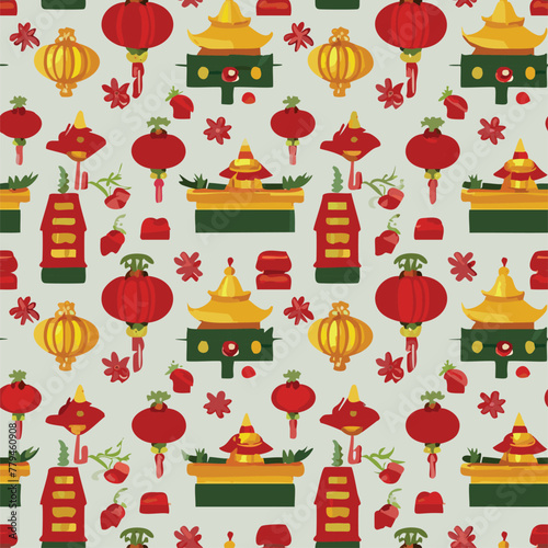 Festive seamless pattern with repeating China gift icons on a wintery background