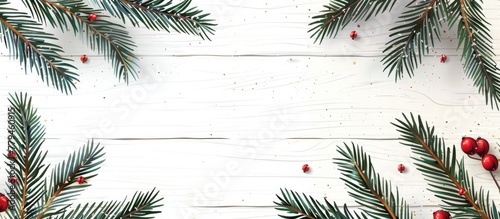 A photograph of Christmas branches with red berries on a white wooden background. The branches and twigs are from a terrestrial plant, possibly a tree or vegetation