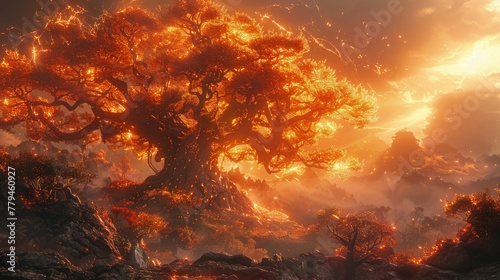 A majestic sacred tree with huge roots that light up and glow orange. Mythical World Tree.