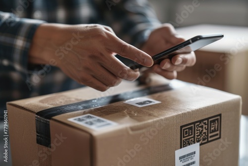 A person is using a smartphone to scan the QR code on a parcel in a warehouse filled with boxes. photo
