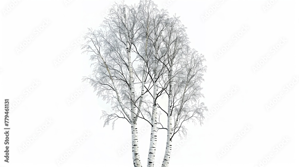 Fototapeta premium Birch tree, white bark, isolated on white, digital illustration, slender, elegant form.
