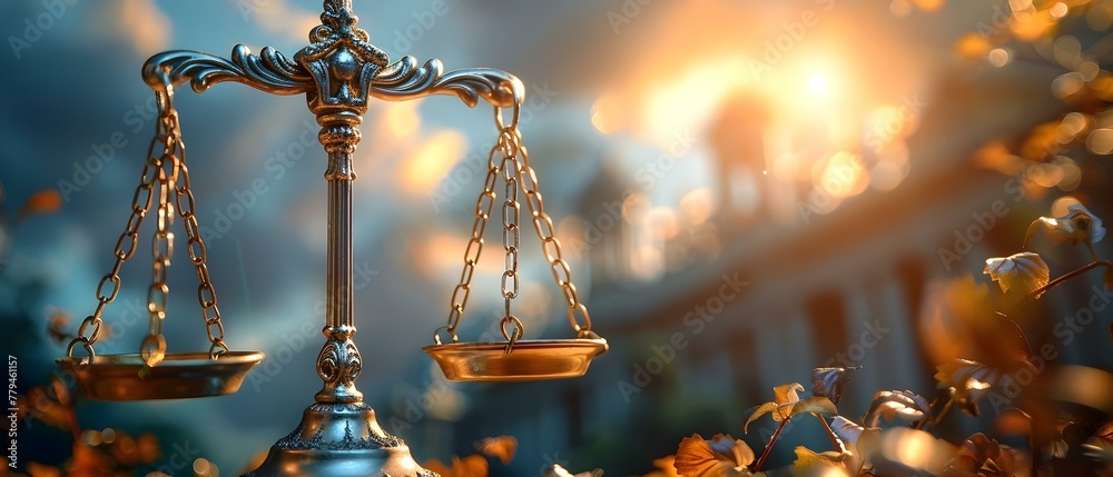 Symbolizing financial protection and law: Scales of justice in front of a courthouse. Concept Legal, Financial Protection, Scales of Justice, Law, Courthouse - obrazy, fototapety, plakaty 