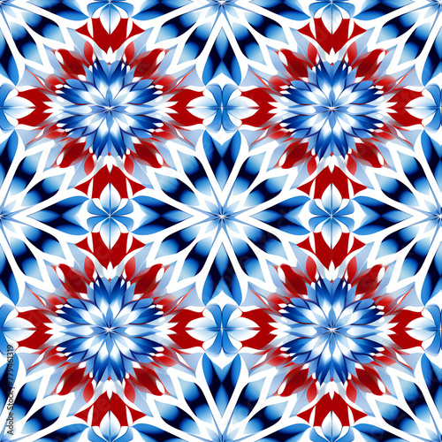  Kaleidoscopic Floral Pattern, Red and Blue, Symmetrical Background Design