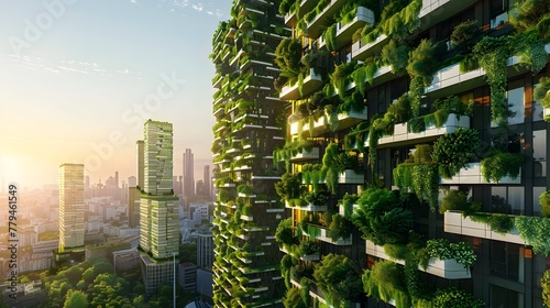 Futuristic Green Residential High-Rise with Vertical Facade Gardening in Sustainable Urban Cityscape