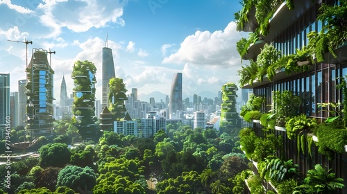 Futuristic Eco-Friendly Cityscape with Lush Vertical Gardens and High-Rise Skyscrapers Reaching for the Sky © pkproject