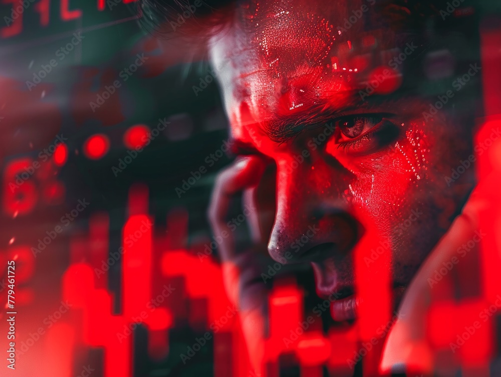 Close-up digital portrait, businessman crying, red declining stock market graph, despair vibe. Close-up digital portrait, businessman crying, red declining stock market graph, despair vibe.