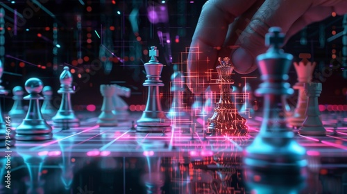 Close-up of hand executing a checkmate with a cyber piece, illuminated chess grid, tactical play.