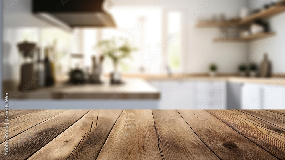 empty beautiful wood table top counter and blur bokeh modern kitchen interior background in clean and bright. empty beautiful wood table top counter and blur bokeh modern kitchen interior background in clean and bright.