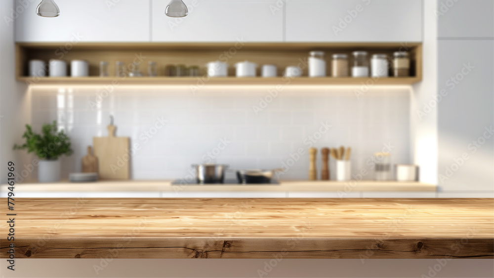 empty beautiful wood table top counter and blur bokeh modern kitchen interior background in clean and bright. empty beautiful wood table top counter and blur bokeh modern kitchen interior background in clean and bright.
