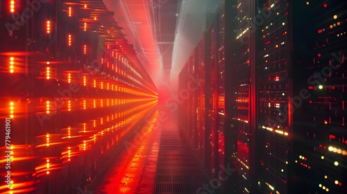 Surreal Data Center Network Illumination Tunnel with Glowing Cyber Matrix