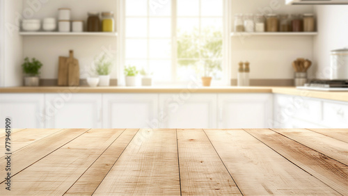 empty beautiful wood table top counter and blur bokeh modern kitchen interior background in clean and bright.