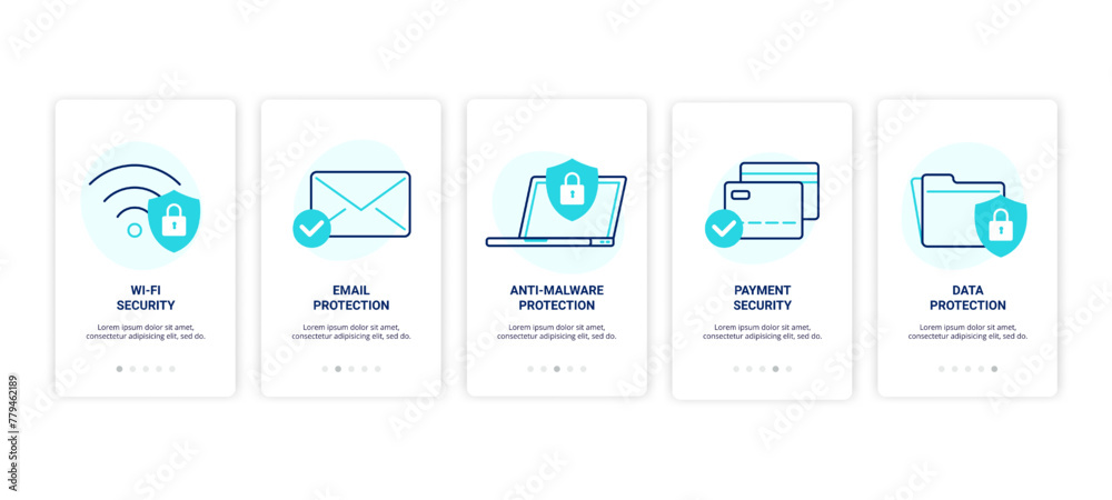 Obraz premium Cyber security icons. Email, anti-malware, data protection. Network and payment security. Vector linear illustrations for web, or application.