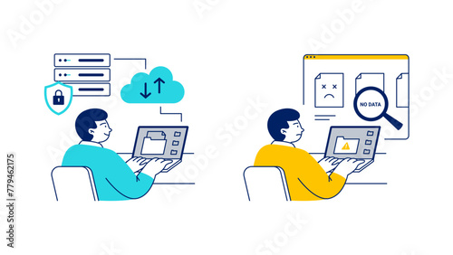 Cyber security concepts. A man uses cloud storage to save data. A man loses his data. Vector linear illustrations on the white background. 