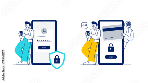 Cyber security concepts. A man has data protection on his phone. A man becomes a victim of a cyber thief and loses his money. Vector linear illustrations on the white background. 