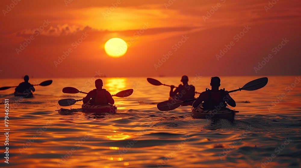 People kayak during sunset in the background. Have fun in your free time. copy space for text.
