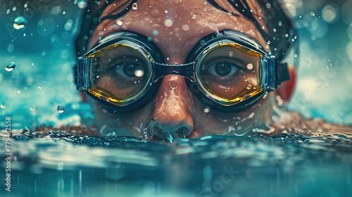 Person wearing goggles is immersed in the water, enjoying leisure and recreation in the swimming pool. copy space for text.