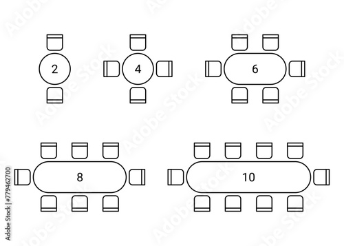 Set of plan for arranging place seats for guest in interior, layout graphic outline elements. Chairs and tables icons in scheme architectural plan. Office and home furniture, top view. Vector illustra