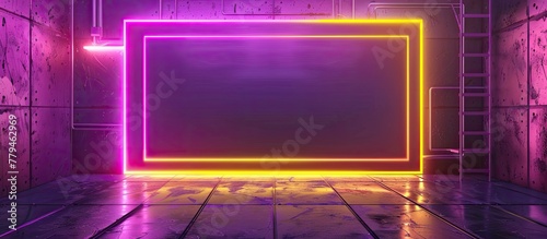 A rectangular display device emitting electric blue and magenta lights, creating a vibrant atmosphere in the entertainment room