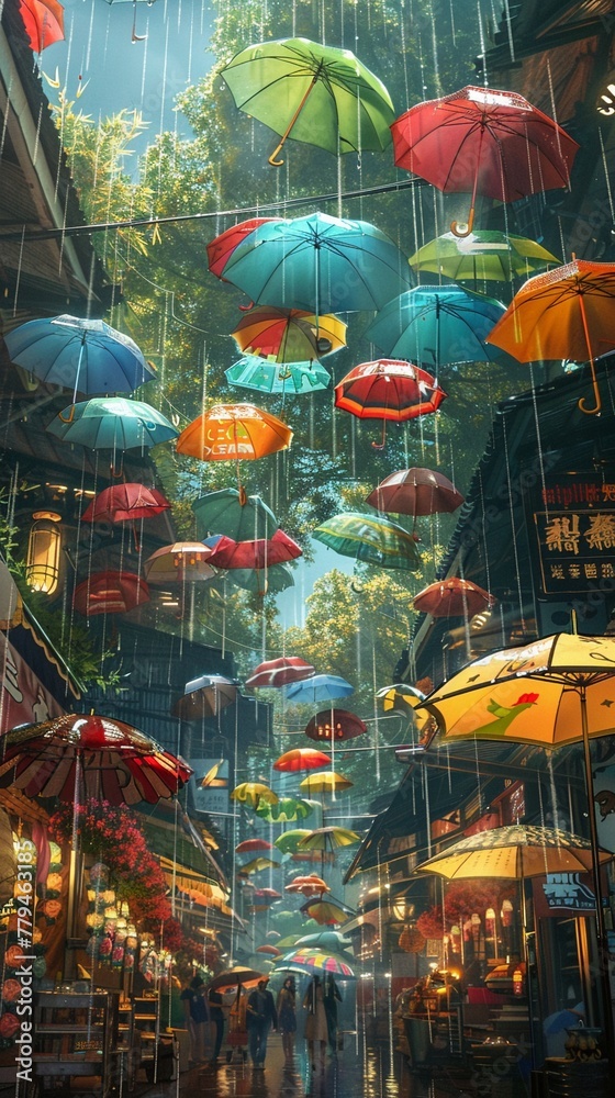 bustling marketplace where rain falls upwards, with colorful umbrellas floating towards the sky 