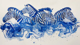 A painting of four zebras in the ocean. The painting has a calm and peaceful mood