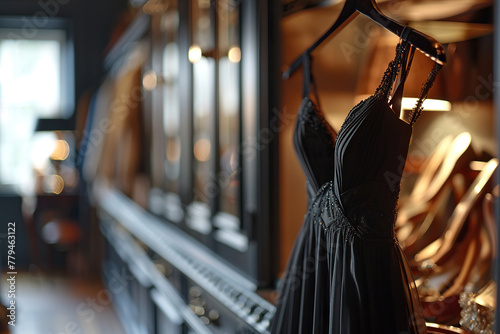 A black evening dress with straps hangs on a hanger on a blurred background with space for text. Generative ai photo