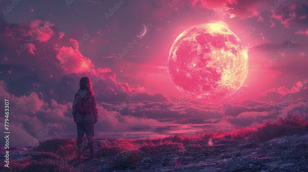 Girl Quantum Odyssey. The Fusion of Science and Imagination. Girl look at the bizarre moon Girl Quantum Odyssey. The Fusion of Science and Imagination. Girl look at the bizarre moon