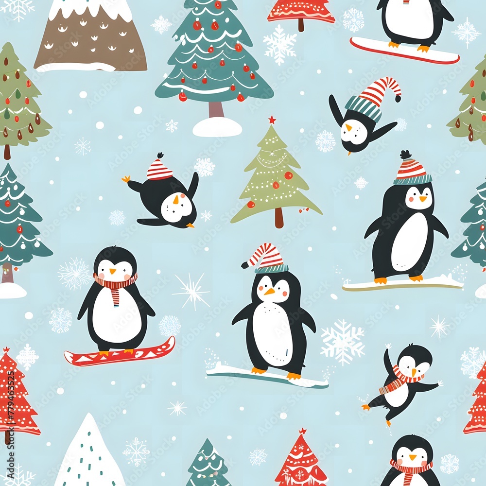Fototapeta premium cute penguin pattern with a light blue background