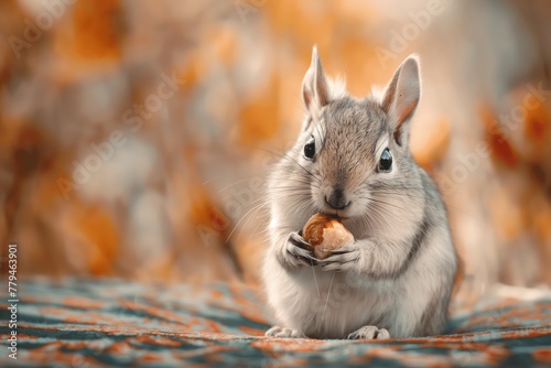 A cute chipmunk holding and nibbling on a nut with a blurred autumn background.