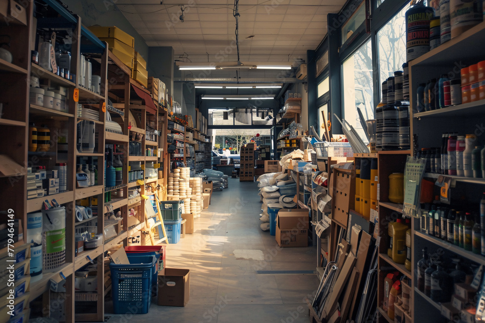 warehouse with building materials and tools