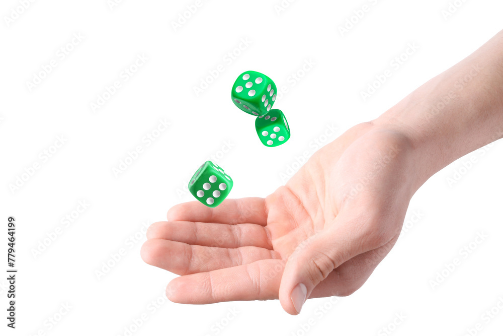 Man throwing green dice on white background, closeup Man throwing green dice on white background, closeup