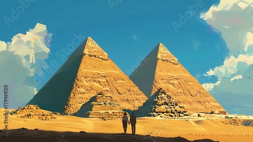 A desert Egyptian landscape with ancient pyramids and silhouettes of travelers in the desert at sunset  The concept of a family vacation trip to exotic countries