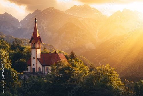 church in mountains with sunset sky and copy space over mountains