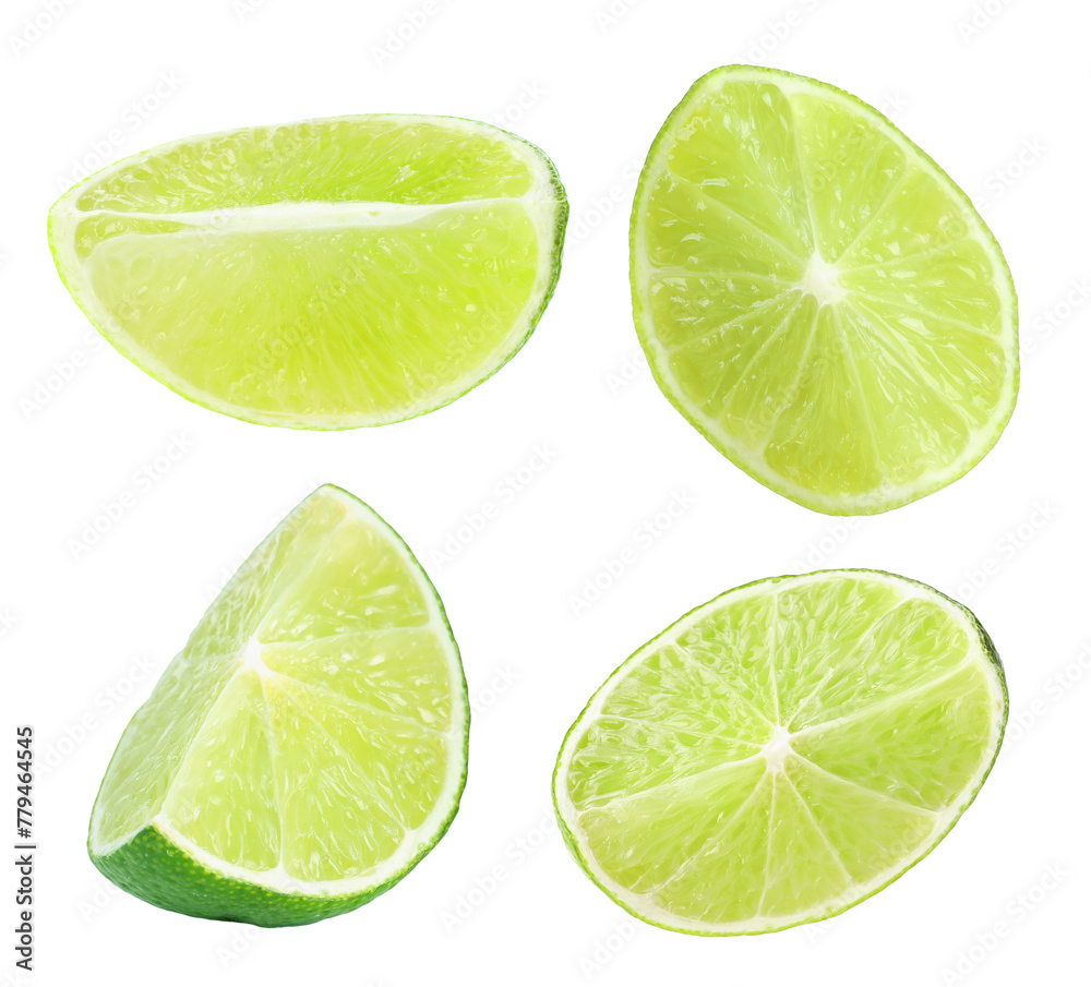 Slices of ripe juicy lime isolated on white, set