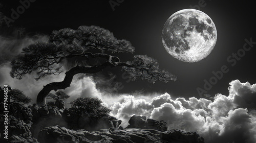 Sturdy tree on a rock cliff with a night sky and sea of clouds in the background. Elegance in Ink. A Sumi-e Masterpiece