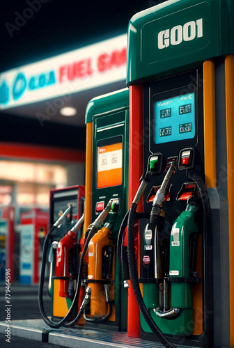 Close-up of colorful fuel gasoline dispenser in urban gas station, poster. Fuel pump station close up with filling pistols in city street. Autogas station backgrounds concept. Copy ad text space
